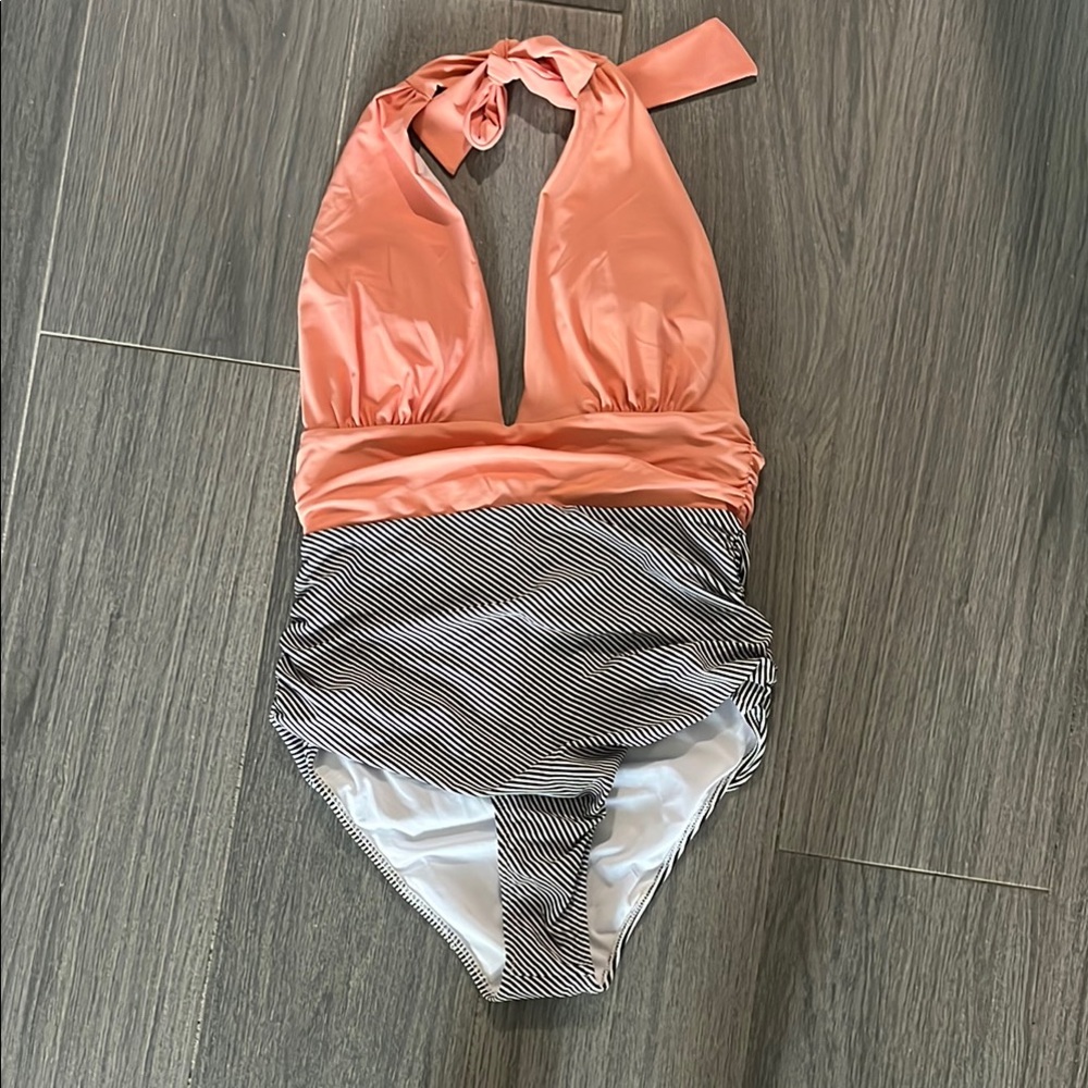 Peach and Black Striped Women’s One Piece Swimsuit
